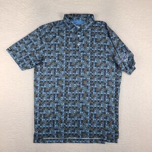 Straight Down Polo Shirt Mens Medium Blue Brown Floral Performance Mistwood Club